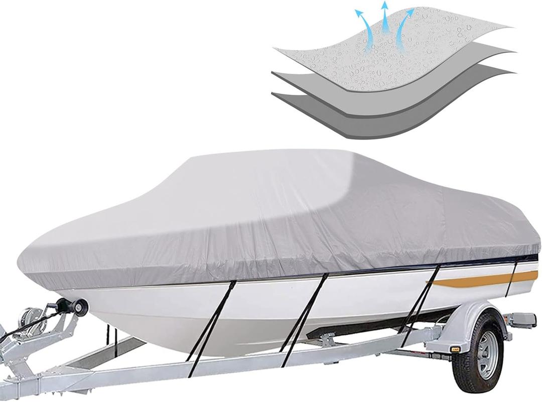 iCOVER Trailerable Boat Cover- 17'-19' Heavy Duty Waterproof Tarp Covers with Storage Bag, Fits V-Hull, Fish&Ski, Pro-Style, Fishing, Runabout, Bass Boats, up to 17ft-19ft Long X 96" Wide