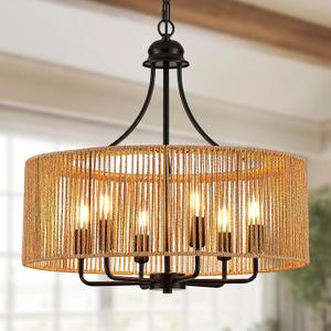 21.8" Black Rattan Chandelier, 6-Light Wicker Drum Light Fixture, Large