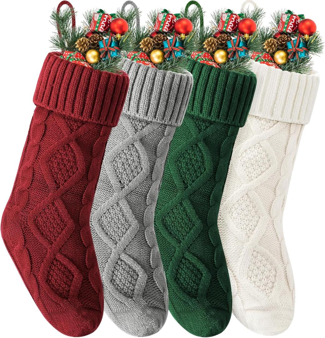 VIBILIA Christmas Stockings 4 Pack, 18 Inches Large Size Knitted Xmas Stocking for Fireplace, Holiday Party Decorations (Green Gray Red White)