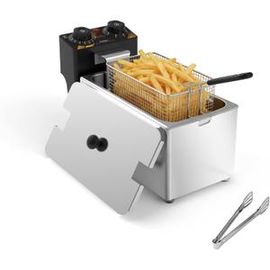 Commercial Electric Deep Fryer with Basket 4L/4.23Qt,1200W Countertop Single Tank Fryer,Mini Fryer Pot, Adjustable Temperature Stainless Steel Removable Oil Tank for Home Use,Fries & Chicken