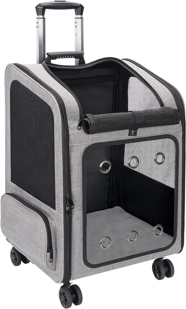 Extra Large Pet Carrier Backpack with Wheels Cats Under 30 Lbs, for Dogs Puppies Rabbits Other Animals Under 25 Lbs, Great for Travel/Hiking/Outdoor Use (Grey)