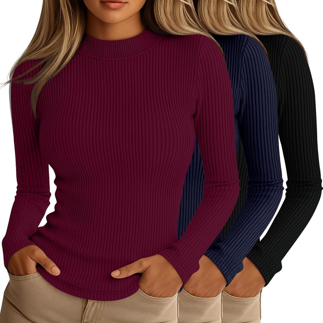 Riyiper 3 Pack Women's Ribbed Shirts, Mock Turtleneck Long Sleeve Tops Slim Fitted Undershirts Casual Basic Layering Tees (Medium, Black, Navy Blue, Red)