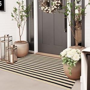 Sungea Outdoor Rug Front Door Mat 2'x4.3', Cotton Indoor Doormat Washable Black and Tan Striped Rug, Stain Resistant Reversible Layered Door Mats for Entryway/ Farmhouse/ Home Entrance