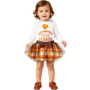 Toddler Baby Girls Thanksgiving Day Tulle Dress Mommys' Little Turkey Long Sleeve Party Skirt Set Outfit (White)