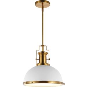 JONATHAN Y 13" Brass Gold/White Modern Industrial Iron LED Dome Pendant Light, Adjustable Hanging Fixture for Kitchen Island or Entryway, White Metal Shade, LED Bulb Included (JYL9536D)