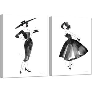 2 Pieces Fashion Women Canvas Wall Art Trendy Models Painting Black and White Funky Poster Pictures Framed Artwork for Bedroom Bathroom Makeup Room Decor 12"x16" (30cmx40cm)