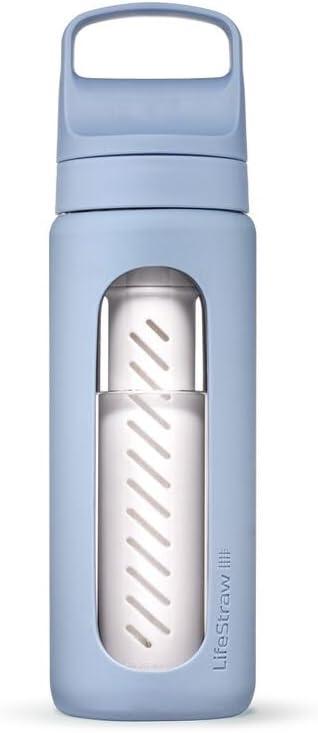 LifeStraw Go Series Glass Water Filter Bottle Made from Hand-Blown Glass with Silicone Sleeve for Hydration at Home or on-the-go, Icelandic Blue, 20oz