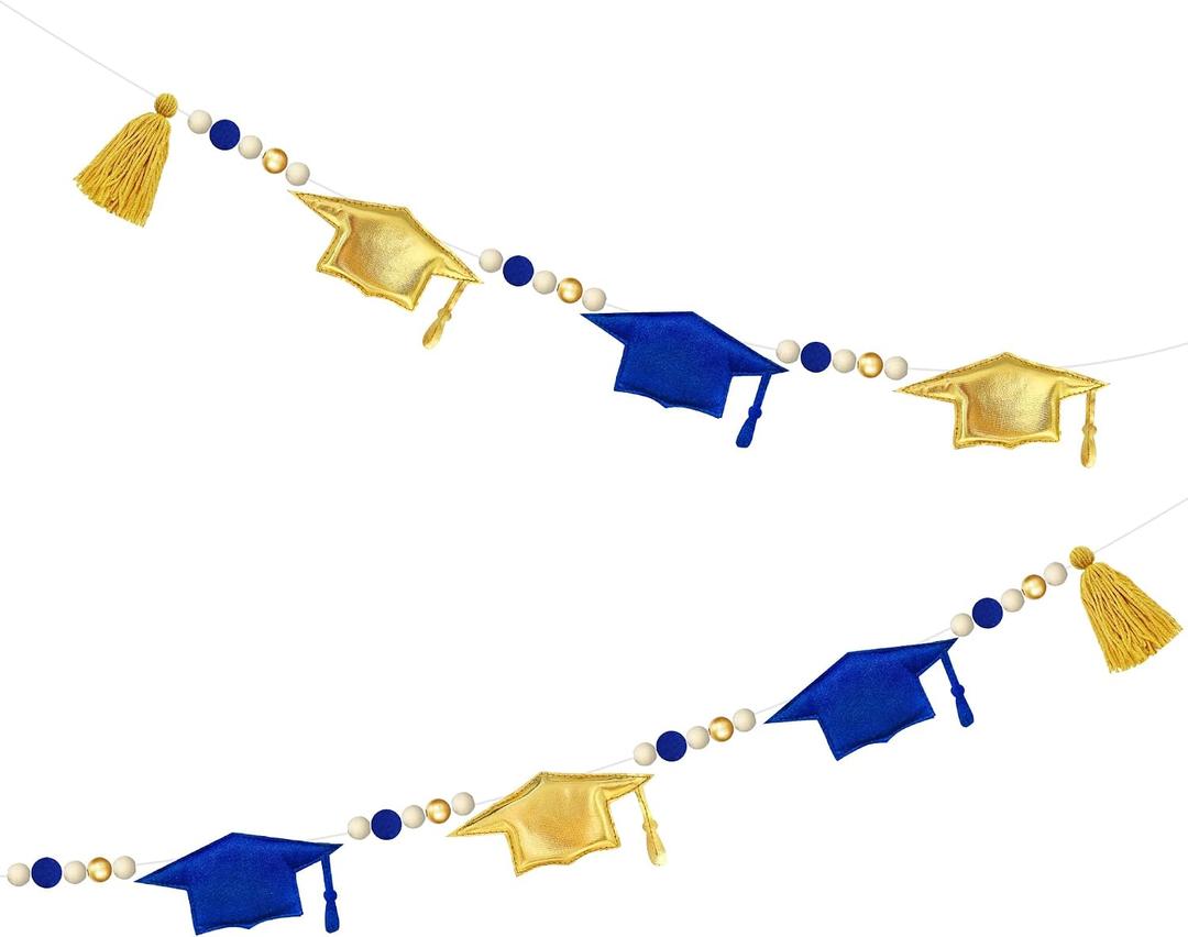 Blue Gold Graduation Decorations Pre-Strung Handmade Metallic Fabric Felt Grad Cap Banner Wool Felt Ball Wooden Beads Grad Hat Garland for Graduation 2026 Party Supplies Home Fireplace Mantle Decor