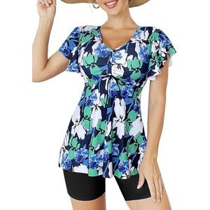 Tesuwel Womens Tankini Bathing Suits with Shorts High Waisted 2 Piece Swimsuit Modest Ruffled Short Sleeve Swim Suit Size L