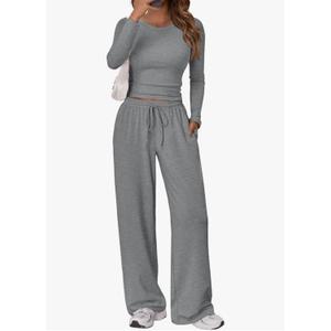 Trendy Queen Women's 2 Piece Matching Lounge Set Long Sleeve Side Ruching Top Wide Leg Drawstring Pants Set with Pockets, Large
