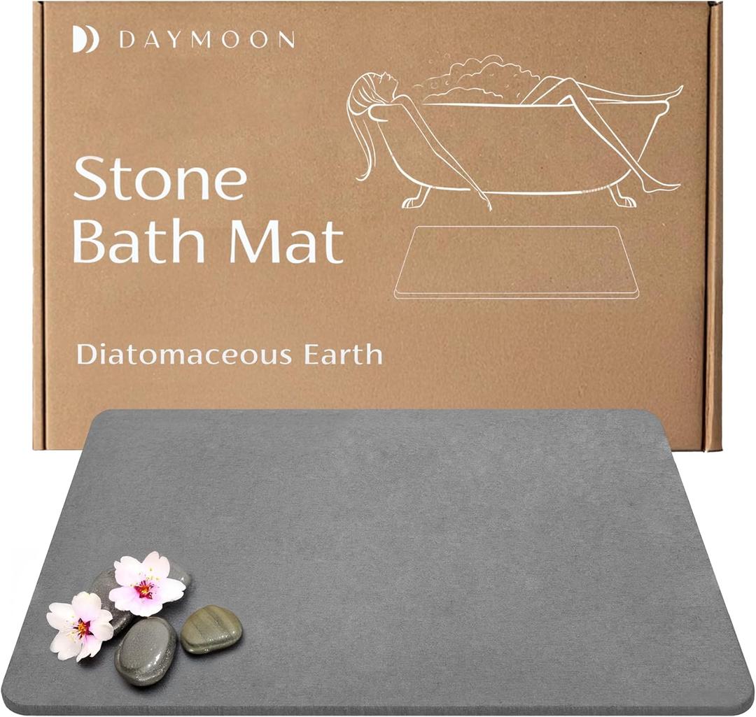 Day Moon Stone Bath Mat, Diatomaceous Earth Shower Mat, Non-Slip Super Absorbent Quick Drying Bathroom Floor Mat, Natural, Easy to Clean (23.6 x 15.35 Dark Grey)
