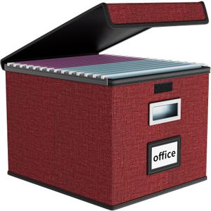 File Organizer Box with Lid, Collapsible File Folder Organizer for Office Document Storage, Filing Box with Plastic Slide for Letter Size Hanging File Folders(1 Pack, Dark Red)
