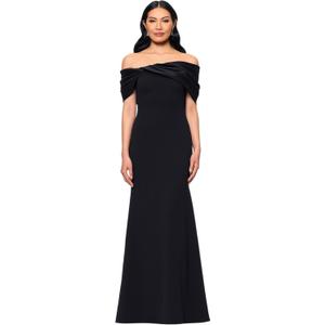 Betsy & Adam Women's Floor Length Scuba Crepe Evening Gown with Off Shoulder Taffeta Twist Neckline Formal Dress, Black Size 10