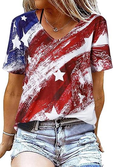 TMSD Women's 4th of July Shirt USA Flag Shirts for Women V Neck Independence Day Tops Stars and Stripes T Shirt