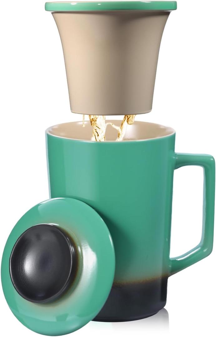 15 OZ Porcelain Tea Infuser Cup with Lid,Ceramic Tea Mug with All-Porcelain Strainer for Loose Leaf Teas,Microwave and Dishwasher Safe Tea Mug,Metal-Free,BPA-Free for Tea Lovers/Valentine's Day(Green)