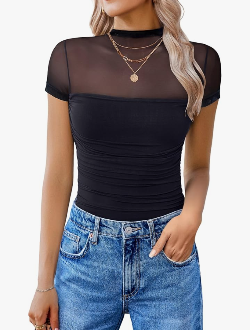 Avidlove Women's Short Sleeve Bodysuit Turtle Neck Body Suits Mesh One Piece Leotard Going Out Tops Date Outfits Size L