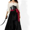 Women Pirate Costume with Peasant Blouse Off Shoulder Trumpet Sleeve Tops Victorian Steampunk Skirts, XXL