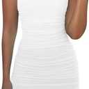 Mizoci Women's Sexy Sleeveless Ruched Spaghetti Strap Bodycon Mini Club Party Dress (Medium, White)