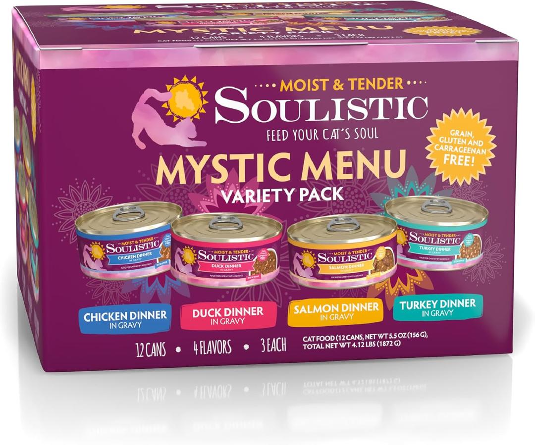 Soulistic Moist and Tender, Mystic Menu Variety Pack, 5.5oz Can, Pack of 12,  Best By: April 11, 2028