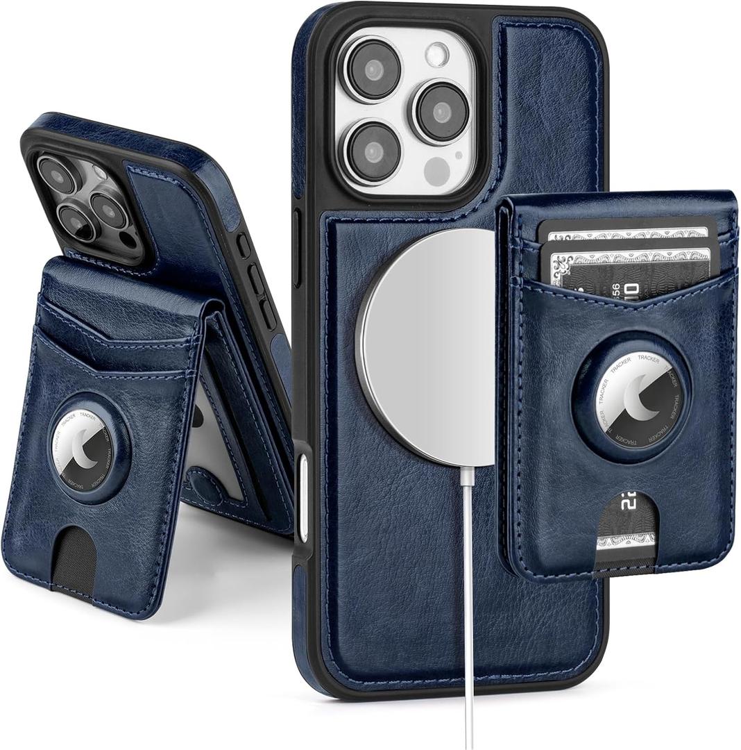 SkyEagle Compatible with MagSafe iPhone 16 Pro Max Case Wallet with AirTag Holder,2 in 1 PU Leather Magnetic Detachable RFID Blocking Credit Card Holder Flip Cover Kickstand for Men Women,Blue