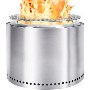 Outdoor Smokeless Fire Pit 14"- Portable Bonfire 304 Stainless Wood Burning Fireplace with Grill and Removable Ash Pan, Ideal for Camping and Party (Silver, L)