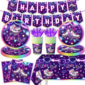 Roller Skating Party Supplies,142Pcs Roller Skating Party Decorations Tableware Set Include Plates Napkins Cups Banner Tablecloth for Let's Roll Birthday Birthday Party Decorations, Serve 20