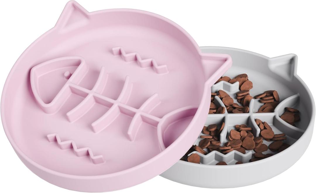 Silicone Cat Slow Feeder,Slow Feeder Cat Bowl Wet Food with Suction Cups,Kitty Interactive Toys,Effectively Reduce Overeating in Kitty (Gray+Pink, 1 Cup)