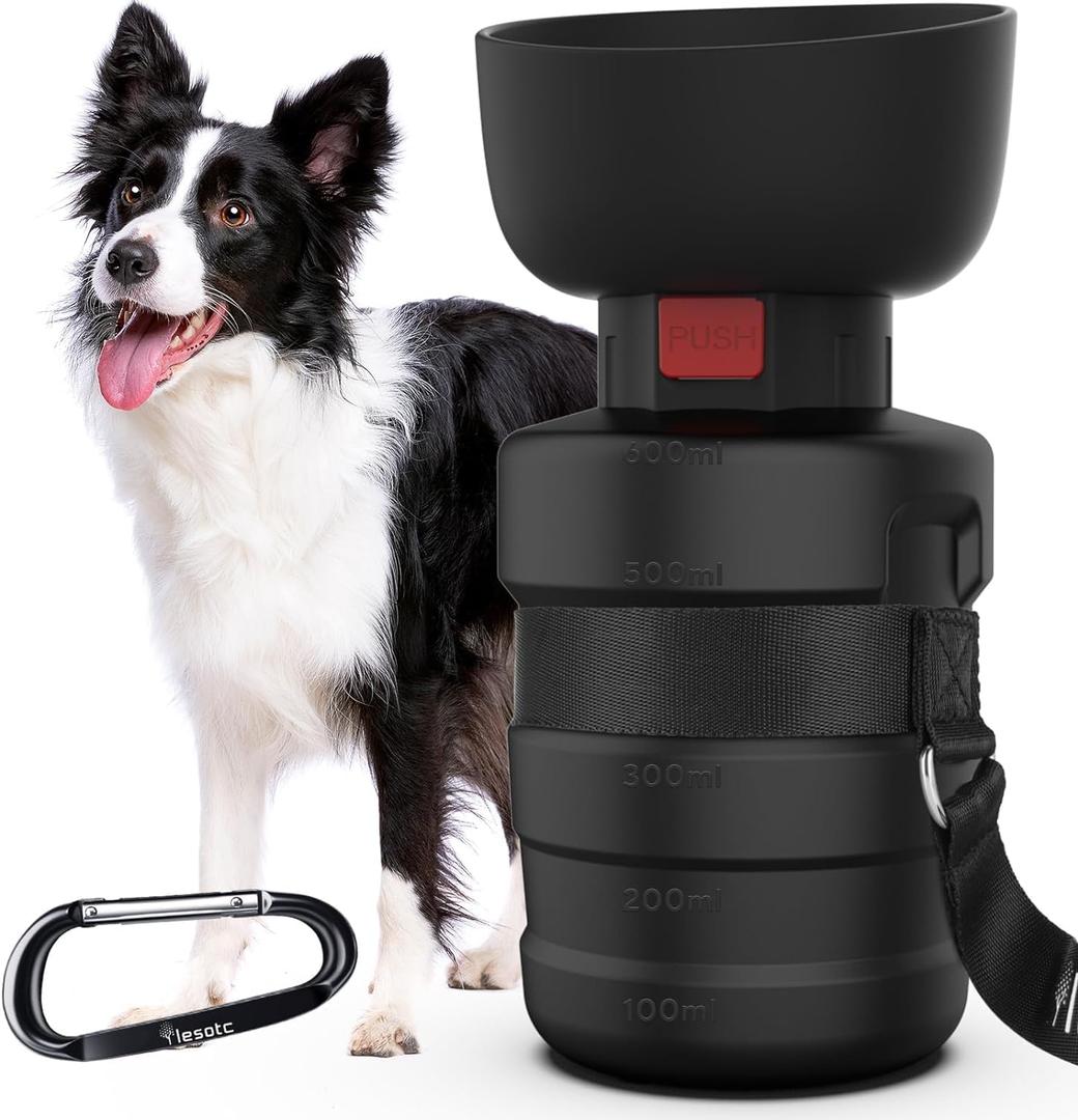 lesotc Dog Water Bottle, Portable Dog Water Dispenser, Leak Proof Dog Travel Water Bottle, Squeeze Pet Water Bottle for Walking On The Go, Dog Hiking Accessories for Outdoor, Hiking, Travel (21 Ounces, 3rd Gen Upgraded Black)
