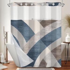 No Hook Shower Curtain with Snap in Liner Set, Abstract Blue Grey Geometric Print - Mesh Top Waterproof Double Layer Bath Tub Curtain for Modern Minimalist Bathroom Decor, 71W x 74H