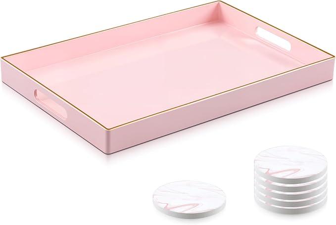 Pink Serving Tray and Coaster Set Contains 1 Pink Rectangular Tray with Handles-15.7 x 10.2 Inch, and 6 Marble Style Coasters, Morden Decorative Platter for Bathroom, Ottoman, Home Decor