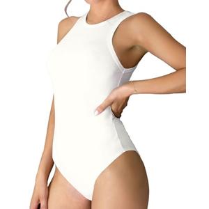 MANGDIUP Womens Basic Sleeveless Crewneck Bodysuits Slim Fit Stretch Cotton Tank Tops Halter Jumpsuits, Size 2XL