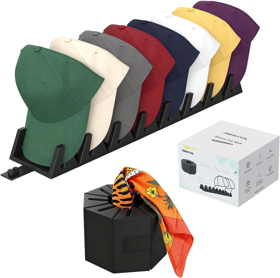 REIKIYA Hat Organizer No Install Silicone Hat Stand for 8 Baseball Caps - 2in1 Hat/Tie/Head Scarves Display Rack and Holder for Closet, Dresser, Cloakroom, Shelves, Desktop (Black)