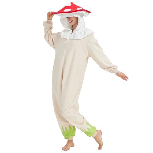 AMAMHAHAVA Mushroom Onesie Adult Halloween Mushroom Costume Fun and Cozy One-Piece Pajamas for Women and Men, XL