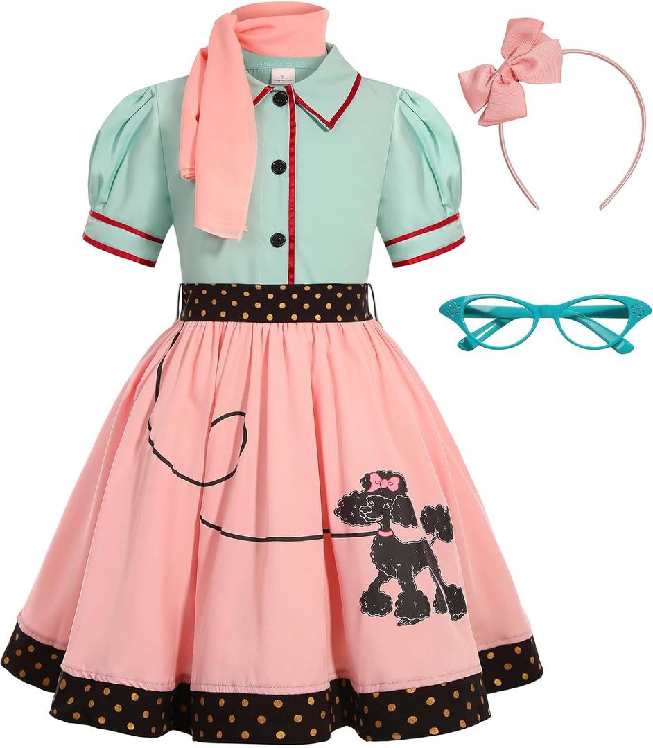 SIZGAROOT 50s Outfit for Girls 50s Costume Girls Poodle Skirt Halloween Party Dress Up (6-8 Years)