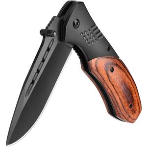 Pocket Knife for Men - Sharp Blade Wood Handle Pocket Folding Knives with Clip, Glass Breaker - EDC Knives for Survival Camping Fishing Hiking Women, Large, Black