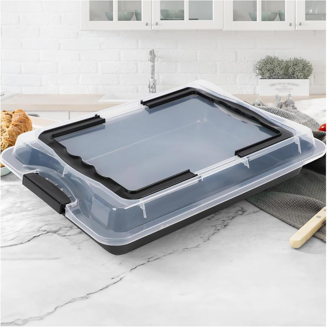 Ceramic-Coated Non-Stick Baking Pan with Carry Lid, 15inchx10inch Rectangular Cookie Sheets for Baking, Easy to Clean, Ovan Safe Baking Tray, Ideal for Party, and Outdoor Picnics (Black)