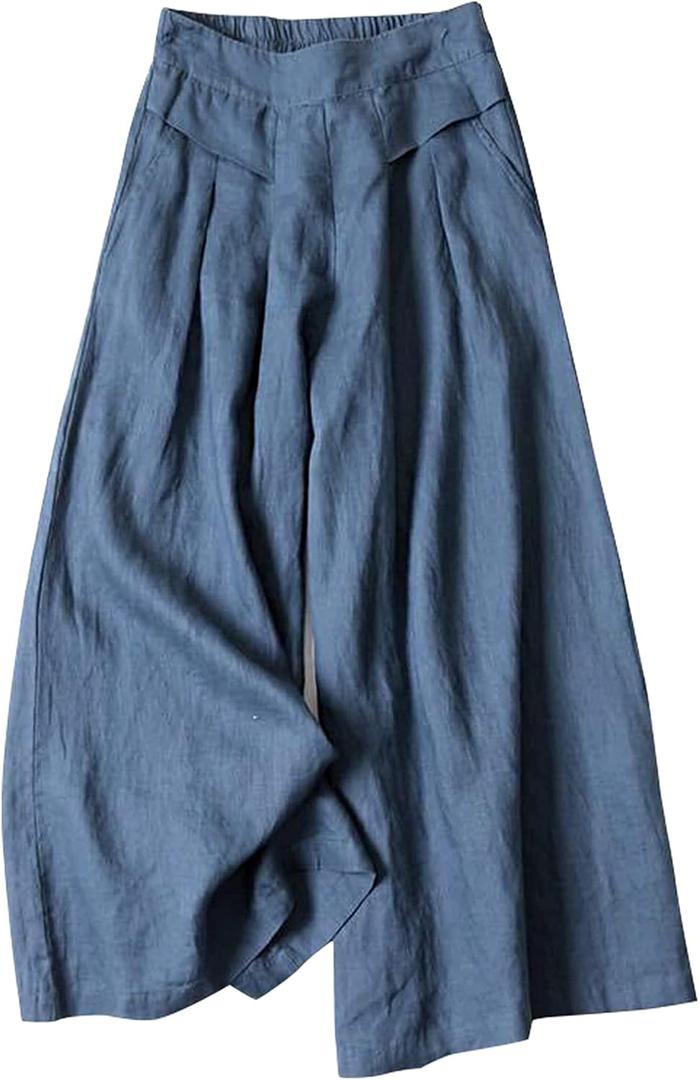 SCUSTY Linen Pants for Women Culottes Capris Wide Leg Palazzo Boho Pants Trousers (Small, Dark Blue)