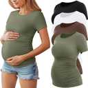 Huukeay 4 Pack Women's Maternity Shirts, Crew Neck Maternity Top Short Sleeve Casual Cotton Tee Side Ruched Pregnancy Clothes (Large, Black, White, Coffee, Army Green)