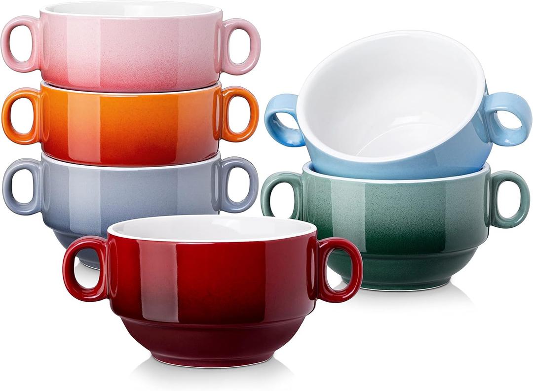 LOVECASA Multi-Color 12 OZ Soup Bowls with Handles, Ceramic Small French Onion Soup Bowls, Mini Soup Mugs Serving Bowls for Kitchen, Microwave & Dishwasher Safe,Set of 6