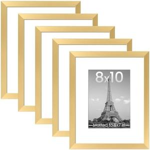 upsimples 8x10 Picture Frame Set of 5, Display Pictures 5x7 with Mat or 8 x 10 Without, Wall Gallery Photo Frames, Gold