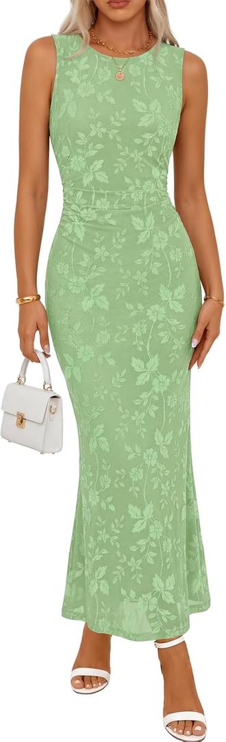 MEROKEETY Women's Summer Sleeveless Floral Bodycon Dress 2026 Spring Mesh Wedding Guest Cocktail Formal Party Maxi Dresses (Medium, Lightgreen)