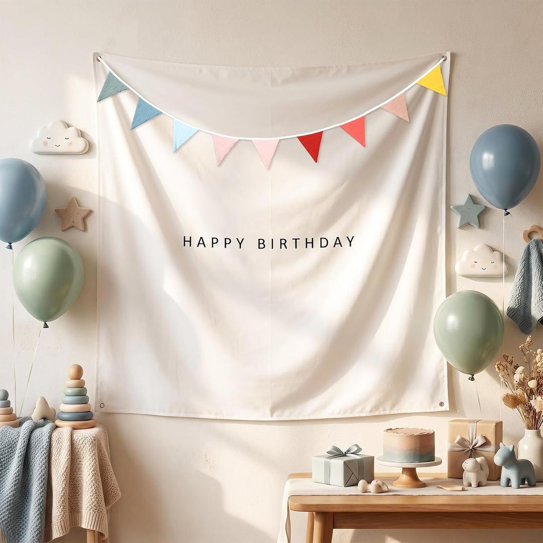 Gilprop Boho Happy Birthday Tapestry Decoration Set 59x59'' White Fabric Backdrop with Colorful Triangular Bunting and Happy Birthday Sign Reusable Customizable Decor for Party Wall Porch(Multicolor)