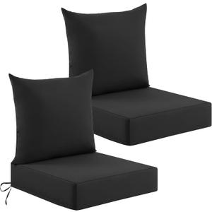 Deep Seat Patio Cushions Set of 2, 24x24x5.75 Inch, Waterproof Outdoor Chair Cushions, Fade Resistant Patio Furniture Cushions with Ties for Couch, Sofa, Lawn, Outside, Black, 24*24+5.75/25*22.5 inch