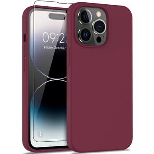 DEENAKIN Compatible with iPhone 14 Pro Case with Screen Protector,Soft Liquid Silicone Gel Rubber Bumper Cover for Women Girls,Slim Fit Shockproof Protective Phone Shell 6.1" Burgundy
