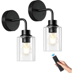 Battery Operated Wall Sconce Set of 2 - Dimmable Wireless Lamps for Wall Rechargeable Sconces Set of 2 with Remote Control, Cordless Battery Powered Black Wall Lights 3000K for Bathroom Bedroom