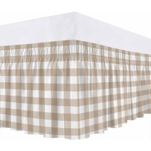 Bed Skirt Khaki Buffalo Check Plaid Bed Skirt 16 Inch Drop Farmhouse Style Elastic Wrap Around Bed Skirt Dust Ruffle for King Size Bed