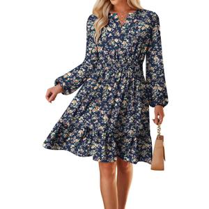 GRACE KARIN Fall Dresses for Women 2025,Casual Long Sleeve Mini Dress, Floral Wedding Guest Dress with Pockets (Large, Navy Brown)