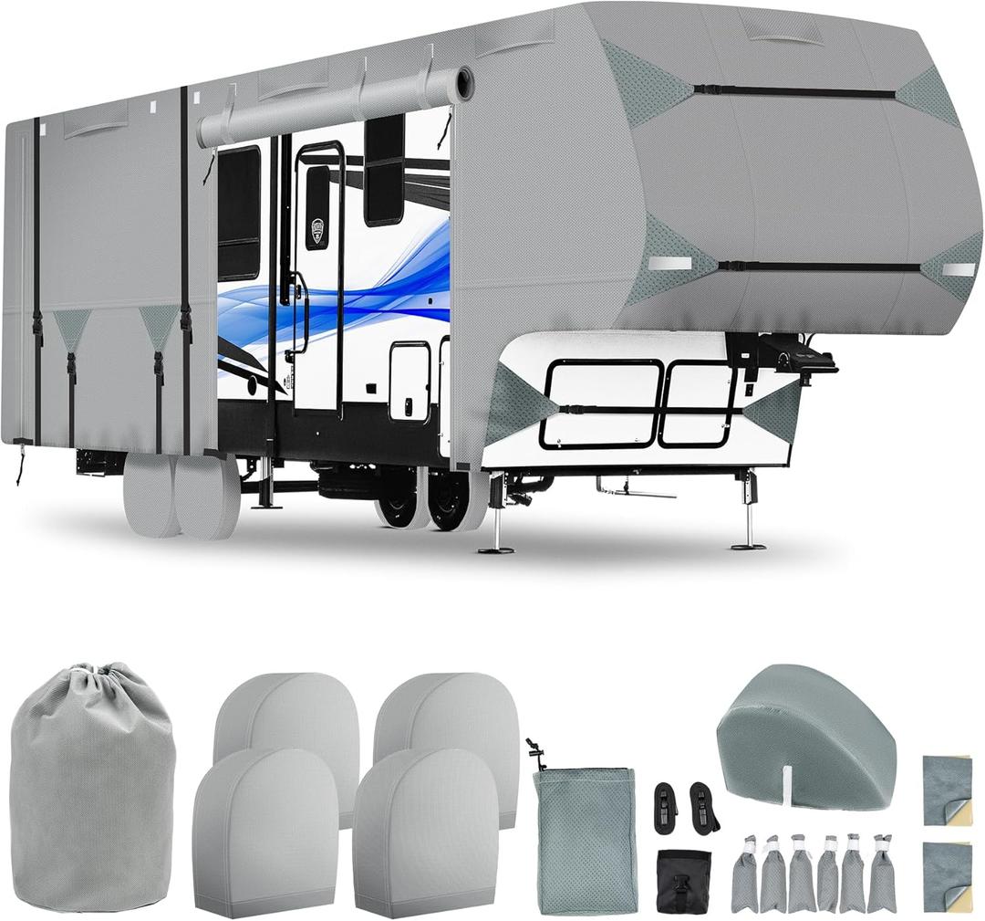 5th Wheel RV Cover 28-31ft, Upgraded 7-Layer Thick | 400 LBS Tearproof, Waterproof, Anti-UV & Windproof Camper Cover w/Tongue Jack Cover, Gutter Covers, Tire Covers, Stair Cover, Straps & Storage Bag