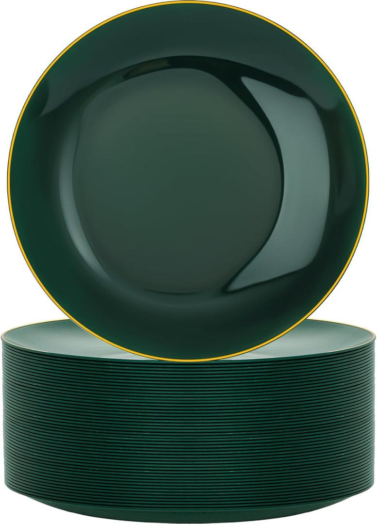 Nervure 100Pcs Green and Gold Plastic Plates - 10.25inch Disposable Green Dinner Plates - Heavy Duty Plastic Plate Ideal for Wedding & Party