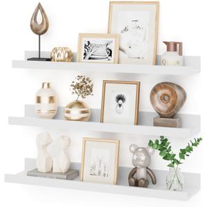 24 Inch Picture Ledge Shelf with Lip,White Floating Shelves for Wall Set of 3,Wall Shelves in Varying Depths for Living Room,Bedroom,Nursery,Bookshelf
